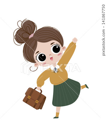 Cute cartoon schoolgirl with big eyes celebrating success while holding a school bag. Flat vector illustration isolated on white, perfect for education and back to school. 141867750