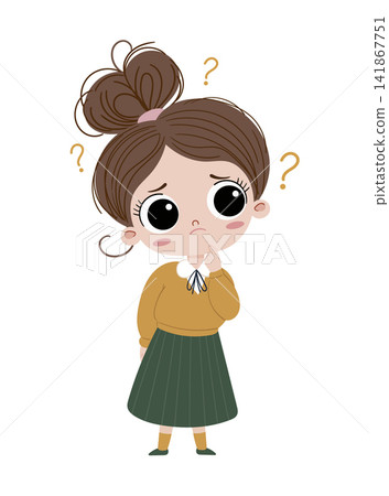 Cute cartoon schoolgirl with big eyes deep in thought, surrounded by question marks. Flat vector illustration isolated on white, perfect for education, problem solving, and thinking concepts. Cute cartoon schoolgirl with big eyes deep in thought, surrounded by question marks. Flat vector illustration isolated on white, perfect for education, problem solving, and thinking concepts. 141867751