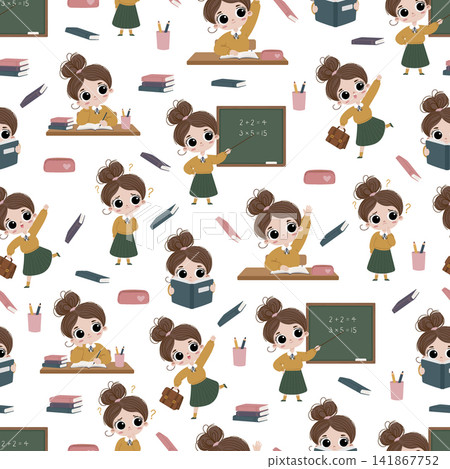 Cute seamless pattern featuring adorable cartoon schoolgirls reading, studying, teaching, thinking, and celebrating. Flat vector design perfect for fabric, wallpaper, wrapping paper. Cute seamless pattern featuring adorable cartoon schoolgirls reading, studying, teaching, thinking, and celebrating. Flat vector design perfect for fabric, wallpaper, wrapping paper. 141867752
