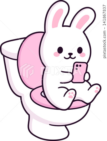 Cute cartoon bunny sitting on toilet with phone Cute cartoon bunny sitting on toilet with phone 141867837