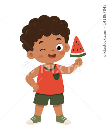Cute smiling boy winking while holding a watermelon popsicle. Adorable summer cartoon child enjoying a fruity treat, flat vector illustration isolated on white. Cute smiling boy winking while holding a watermelon popsicle. Adorable summer cartoon child enjoying a fruity treat, flat vector illustration isolated on white. 141867845