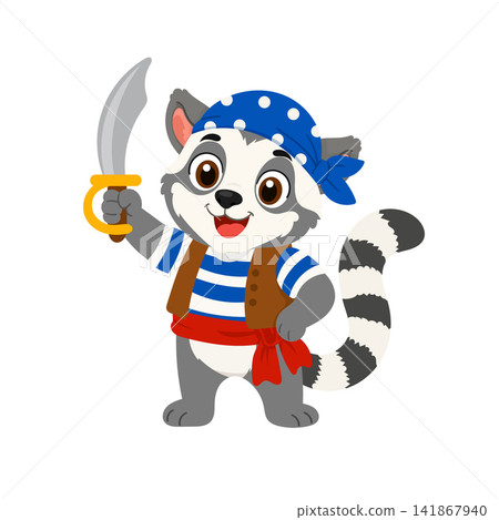 Cute pirate lemur wearing a striped shirt, brown vest and blue polka dot bandana, holding a curved cutlass. Flat vector cartoon isolated on white background. Cute pirate lemur wearing a striped shirt, brown vest and blue polka dot bandana, holding a curved cutlass. Flat vector cartoon isolated on white background. 141867940
