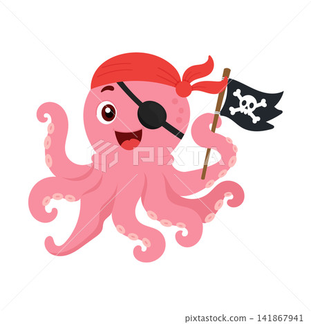 Cute pink pirate octopus cartoon character with eye patch, red bandana and pirate flag. Flat vector illustration isolated on white background. Cute pink pirate octopus cartoon character with eye patch, red bandana and pirate flag. Flat vector illustration isolated on white background. 141867941