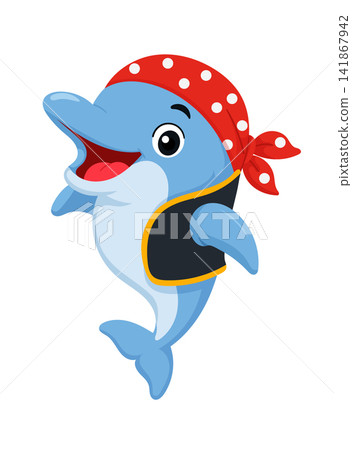 Cute pirate dolphin cartoon character wearing a red polka dot bandana and vest. Flat vector illustration isolated on a white background for kids and design. Cute pirate dolphin cartoon character wearing a red polka dot bandana and vest. Flat vector illustration isolated on a white background for kids and design. 141867942