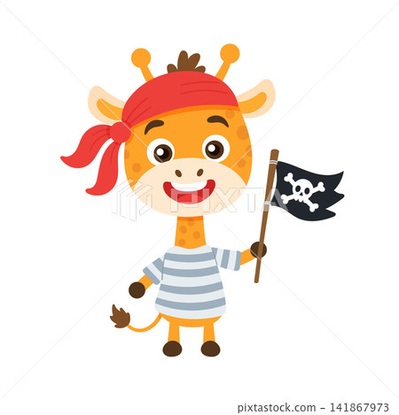 Cute pirate giraffe wearing a striped shirt and red bandana, holding a pirate flag with a skull emblem. Flat vector cartoon isolated on white background. Cute pirate giraffe wearing a striped shirt and red bandana, holding a pirate flag with a skull emblem. Flat vector cartoon isolated on white background. 141867973