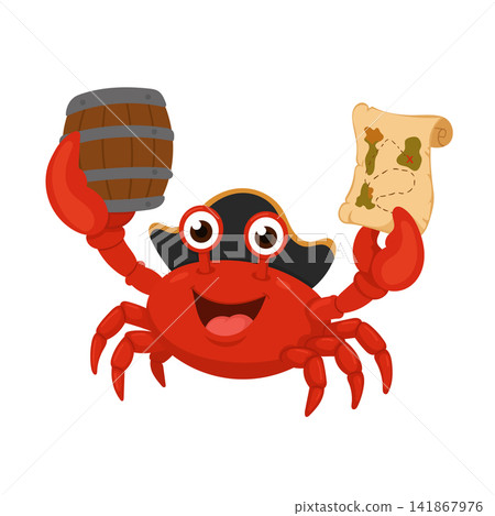Cute pirate crab wearing a captain's hat, holding a treasure map and wooden barrel. Flat vector cartoon illustration isolated on white background. Cute pirate crab wearing a captain's hat, holding a treasure map and wooden barrel. Flat vector cartoon illustration isolated on white background. 141867976