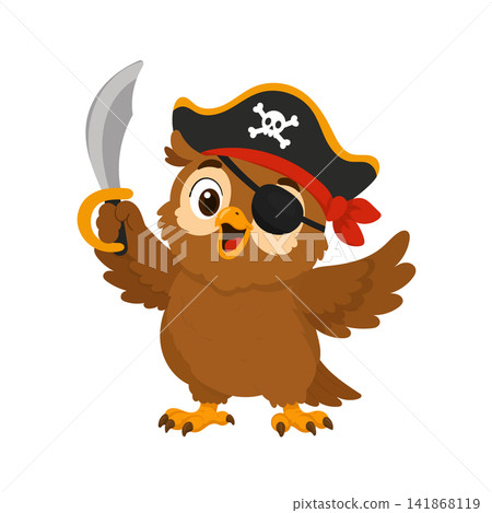 Cute pirate owl wearing a captain's hat and eyepatch, holding a curved cutlass with spread wings. Flat vector cartoon isolated on white background. Cute pirate owl wearing a captain's hat and eyepatch, holding a curved cutlass with spread wings. Flat vector cartoon isolated on white background. 141868119