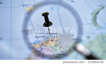 Focus on the destination of Nordkapp with a close-up of a map Focus on the destination of Nordkapp with a close-up of a map 141868148