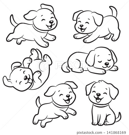 Cute puppy dog set outline coloring page for kids educational activity book worksheet design. 141868169