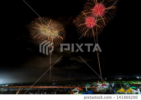 Two sets of fireworks, green and red, burst into the night sky simultaneously. Two sets of fireworks, green and red, burst into the night sky simultaneously. 141868200