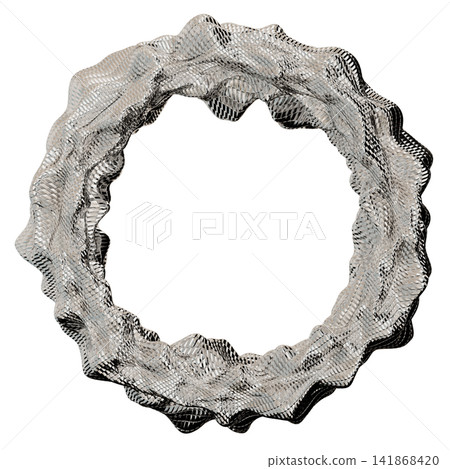 A chrome ring with a round frame is isolated and cut out. The design features a wavy pattern and appears shiny against a clear background. The scene has no distractions A chrome ring with a round frame is isolated and cut out. The design features a wavy pattern and appears shiny against a clear background. The scene has no distractions 141868420