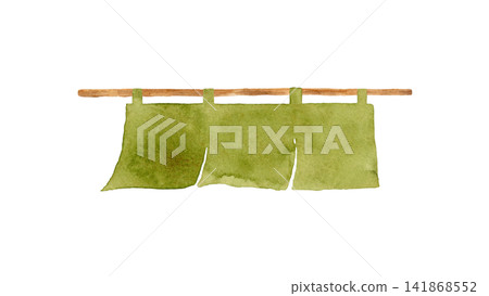 Matcha-colored noren (traditional Japanese curtain) - Hand-painted watercolor illustration Matcha-colored noren (traditional Japanese curtain) - Hand-painted watercolor illustration 141868552