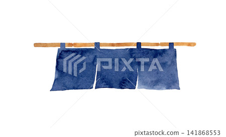 Navy blue noren (traditional Japanese curtain) with hand-painted watercolor illustration. Navy blue noren (traditional Japanese curtain) with hand-painted watercolor illustration. 141868553