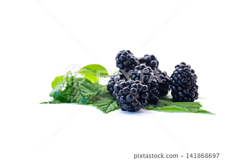 Fresh ripe blackberries with green leaves on white background Fresh ripe blackberries with green leaves on white background 141868697