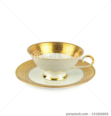 Vintage Porcelain Teacup with Golden Ornament Isolated on White Vintage Porcelain Teacup with Golden Ornament Isolated on White 141868809