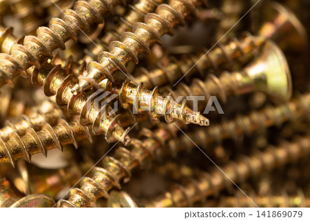 A close-up of a pile of wooden screws with gold-colored heads, scattered randomly on a background A close-up of a pile of wooden screws with gold-colored heads, scattered randomly on a background 141869079