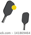 illustration of two dark gray pickleball paddles with a bright yellow perforated pickleball ball, isolated on a transparent background. Clean graphic ideal for sports, fitness, recreation, and racket 141869464