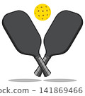 Two Pickleball Paddles and Yellow Ball Illustration on transparent Background 141869466