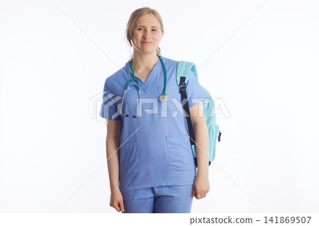 Young Nursing Student with Backpack and Stethoscope Young Nursing Student with Backpack and Stethoscope 141869507