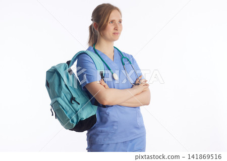 Professional Medical Student in Scrubs with Backpack Profile Professional Medical Student in Scrubs with Backpack Profile 141869516