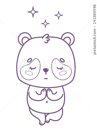 Outline Cute Kawaii Panda Standing In Yoga Tree Pose With Hands In Namaste Prayer Position. Mindful Calm Cartoon Bear Meditation. Line drawing, Coloring Page. Vector Illustration. Lazy Funny Sport. 141869596