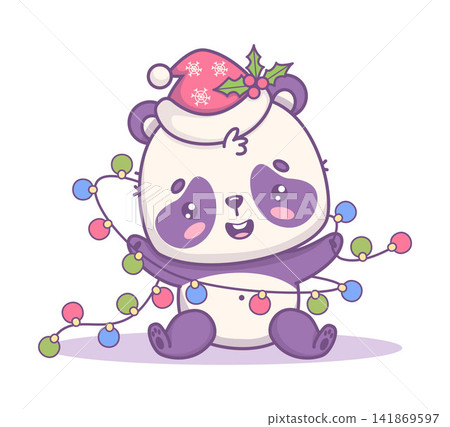 Happy Panda In Santa Hat Tangled In Christmas Lights Garland. Cute Holiday Funny Kawaii Cartoon Animal Character. Vector Illustration For Seasonal Greeting Cards And Festive Branding. Kids collection. Happy Panda In Santa Hat Tangled In Christmas Lights Garland. Cute Holiday Funny Kawaii Cartoon Animal Character. Vector Illustration For Seasonal Greeting Cards And Festive Branding. Kids collection. 141869597
