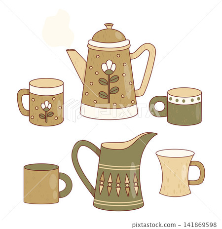 Mid-Century Artisan Ceramic Tableware. Coffee Pot, Creamer Pitcher and Mugs. Isolated Cozy craft handmade Kitchenware Hand Drawn. Scandi Pottery Collection. Vector Illustration. Mid-Century Artisan Ceramic Tableware. Coffee Pot, Creamer Pitcher and Mugs. Isolated Cozy craft handmade Kitchenware Hand Drawn. Scandi Pottery Collection. Vector Illustration. 141869598
