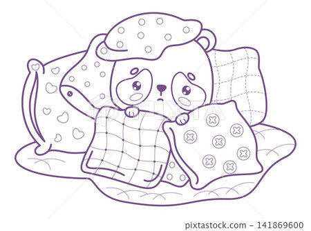 Outline Cute Kawaii Panda Character Hiding Under Stack of Soft Pillows. Sensory Safe Space, Autism Support, Comfort Zone, Anxiety Relief. Line drawing, coloring page. Cozy Kids Vector illustration. 141869600