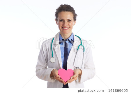 Smiling Female Physician with Heart Health Symbol Smiling Female Physician with Heart Health Symbol 141869605