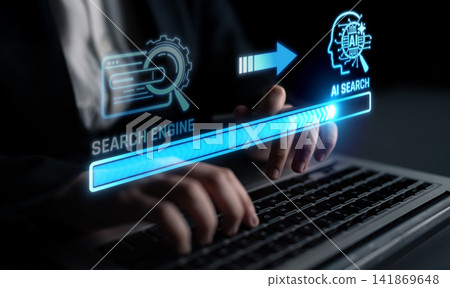 Futuristic Concept of AI-Driven Search Engine Technology with Hands on Keyboard and Digital Interface Elements for Innovation and Technology Themes. Liminal Futuristic Concept of AI-Driven Search Engine Technology with Hands on Keyboard and Digital Interface Elements for Innovation and Technology Themes. Liminal 141869648