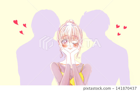 Woman being liked by two men, winking, silhouette Woman being liked by two men, winking, silhouette 141870437