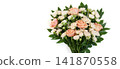 Flower composition. Beautiful pink roses flowers isolated on white background. Mothers Day, Womens Day concept. Banner. Copy space, top view, flat lay. 141870558