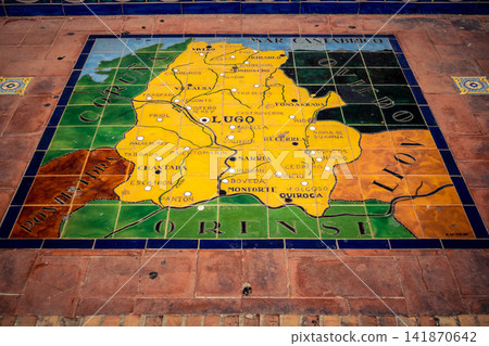Close up of ceramic tile province map at the base of bench alcove at Plaza of Spain in Seville Close up of ceramic tile province map at the base of bench alcove at Plaza of Spain in Seville 141870642