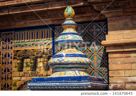 Close up of colorful ceramic tile column head capital at Plaza of Spain in Seville 141870645
