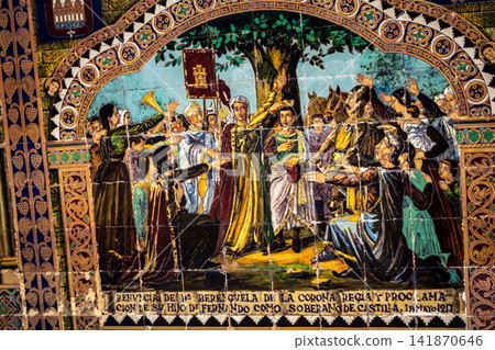 Close up of historic scene ceramic tile panel at Plaza of Spain in Seville Close up of historic scene ceramic tile panel at Plaza of Spain in Seville 141870646
