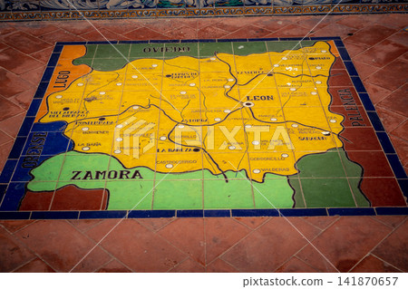 Close up of ceramic tile province map at the base of bench alcove at Plaza of Spain in Seville Close up of ceramic tile province map at the base of bench alcove at Plaza of Spain in Seville 141870657