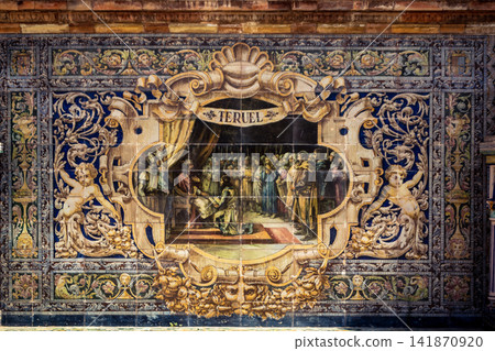 Close up of historic scene ceramic tile panel at Plaza of Spain in Seville 141870920
