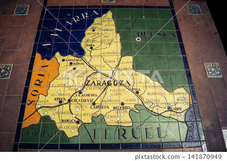 Close up of ceramic tile province map at the base of bench alcove at Plaza of Spain in Seville Close up of ceramic tile province map at the base of bench alcove at Plaza of Spain in Seville 141870949
