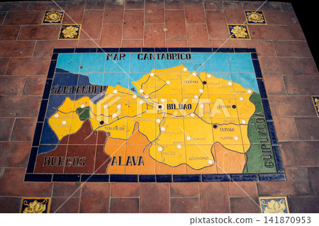 Close up of ceramic tile province map at the base of bench alcove at Plaza of Spain in Seville Close up of ceramic tile province map at the base of bench alcove at Plaza of Spain in Seville 141870953