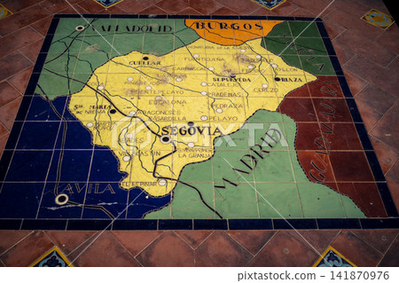Close up of ceramic tile province map at the base of bench alcove at Plaza of Spain in Seville Close up of ceramic tile province map at the base of bench alcove at Plaza of Spain in Seville 141870976
