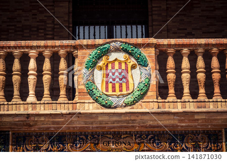 Close up of ceramic coat of arms representing Spanish provinces at Plaza of Spain in Seville Close up of ceramic coat of arms representing Spanish provinces at Plaza of Spain in Seville 141871030