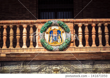 Close up of ceramic coat of arms representing Spanish provinces at Plaza of Spain in Seville 141871050