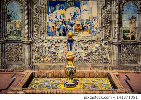 Close up of historic scene ceramic tile panel at Plaza of Spain in Seville Close up of historic scene ceramic tile panel at Plaza of Spain in Seville 141871051
