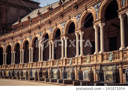 Panoramic architectural view of the iconic Plaza of Spain in Seville Panoramic architectural view of the iconic Plaza of Spain in Seville 141871054