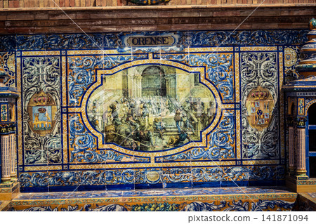 Close up of historic scene ceramic tile panel at Plaza of Spain in Seville Close up of historic scene ceramic tile panel at Plaza of Spain in Seville 141871094