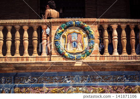 Close up of ceramic coat of arms representing Spanish provinces at Plaza of Spain in Seville Close up of ceramic coat of arms representing Spanish provinces at Plaza of Spain in Seville 141871106