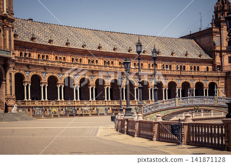 Panoramic architectural view of the iconic Plaza of Spain in Seville Panoramic architectural view of the iconic Plaza of Spain in Seville 141871128