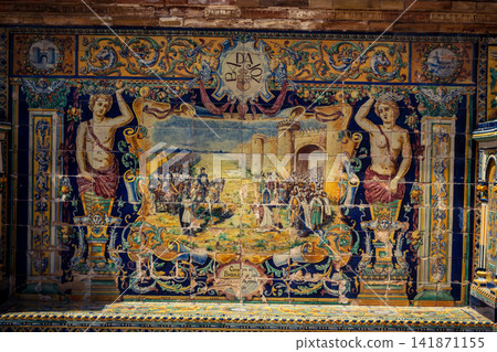 Close up of historic scene ceramic tile panel at Plaza of Spain in Seville Close up of historic scene ceramic tile panel at Plaza of Spain in Seville 141871155