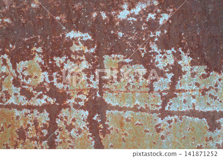 Iron sheet texture. Weathered and oxidized rusty iron sheet with peeling paint traces and horizontal seam. Industrial decay, aging Iron sheet texture. Weathered and oxidized rusty iron sheet with peeling paint traces and horizontal seam. Industrial decay, aging 141871252