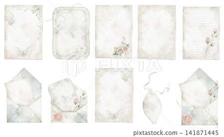 Vintage stationery watercolor set. Collection of papers, envelopes and labels isolated on background. Decorative clipart for journals, wedding invitations and feminine scrapbooking in pastel colors. Vintage stationery watercolor set. Collection of papers, envelopes and labels isolated on background. Decorative clipart for journals, wedding invitations and feminine scrapbooking in pastel colors. 141871445